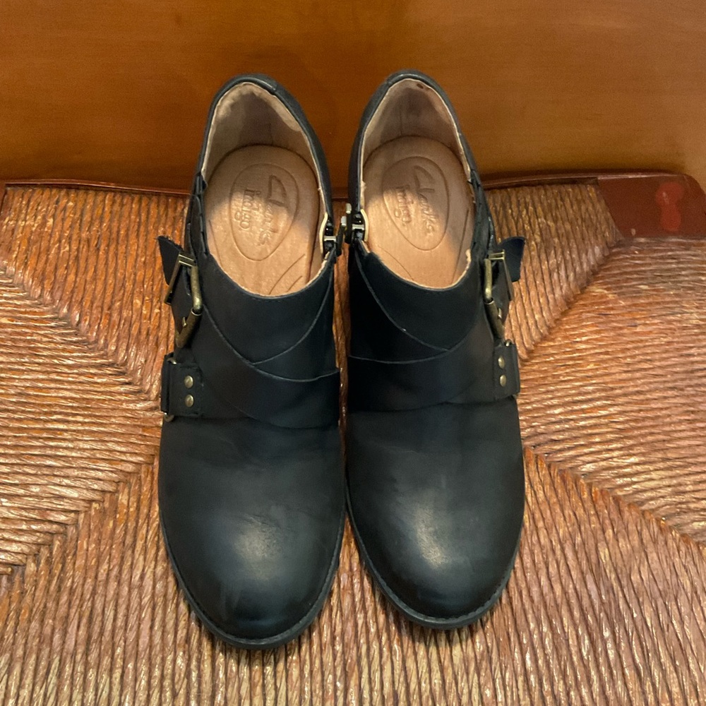 Black Leather Booties with Buckle and Heel